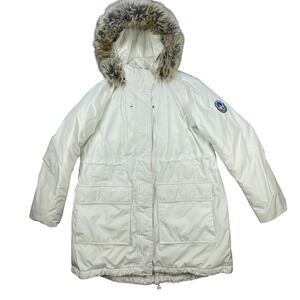 Lands End White Down Parka Women Large 14-16 Faux Fur Hood Winter Coat